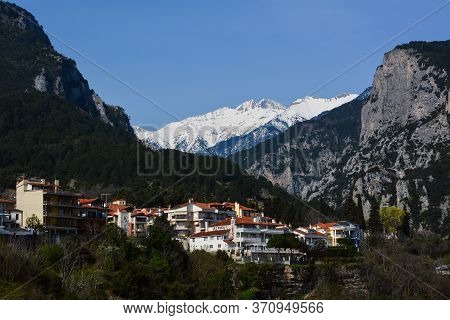 Litochoro, Greece - April 12, 2015: View Of The Snow-capped Mount Olympus From The Village Of Litoch