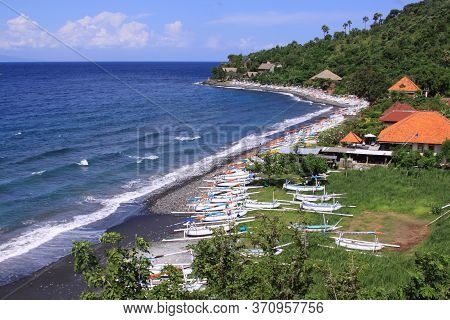 Jemeluk Beach And Jukung Boats On Sunny Day In Bali, Indonesia. Amed Has Become A Popular Tourist De