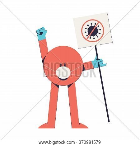 Stop Coronavirus Cute Illustration With Red Character In Medical Mask And Gloves. Red Character With