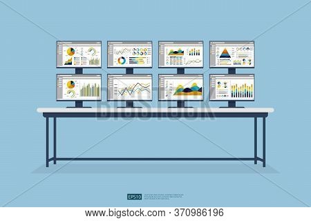 Stock Market Database, Information Graph In Data Center Room. Monitoring And Analysis Report Statist