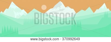Illustration  Landscape Panorama With Mountain Range In Neo Mint Color Tones.
