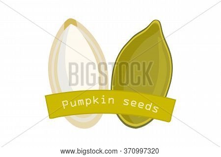Pumpkin Seeds Icon Isolated On White Background. Whole And Peeled Pumpkin Seeds In Cartoon Style For