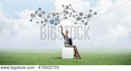 Elegant Businesswoman With Suitcase In Hand Sitting On White Cube. 3d Rendering