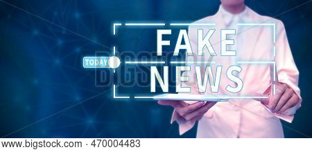 Conceptual Caption Fake News. Conceptual Photo Giving Information To People That Is Not True By The 
