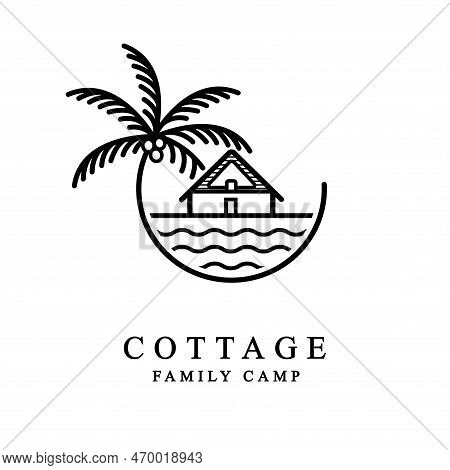 Cabin Cottage With Palm Tree Logo Vector Illustration Design Line Art Style