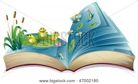 Illustrazione di un libro con un'immagine di rane e di pesci nello stagno su sfondo bianco