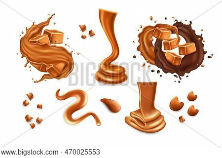 Realistic Caramel, Chocolate Candy, Toffee Dessert. Sweet 3d Milk Splash Of Sauce Or Cream, Cube Ico