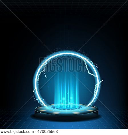 Futuristic Neon Stand, Technology Base. Blue Magic Showroom, Laser Electrical Tech Lab, 3d Empty Cir