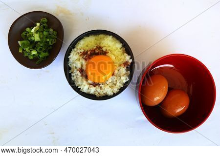 Tamago Kake Gohan Or Raw Egg On Rice. Traditional Food From Japan, Eat On Breakfast