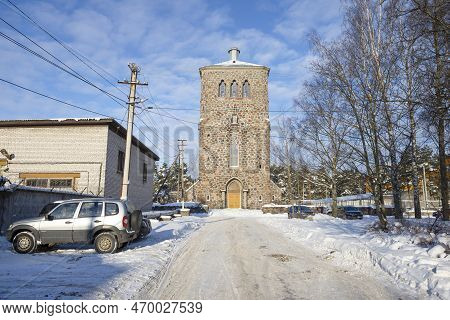 Priozersk, Russia - February 08, 2021: View Of The Ancient Building Of The Lutheran Church On A Sunn
