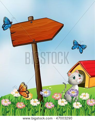 Abbildung eines Gartens mit Schmetterlingen und eine Katze in der Nähe eines arrowboard