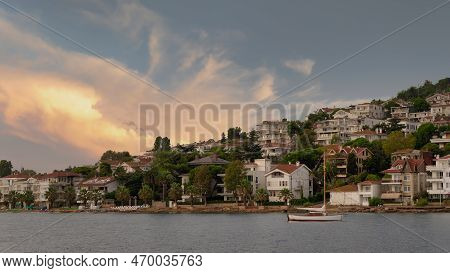 Sailboat With Background Of The Mountains Of Kinaliada Island From Marmara Sea, With Traditional Sum