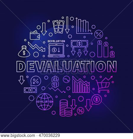 Devaluation Round Colored Banner - Currency Depreciation Vector Modern Illustration In Line Style