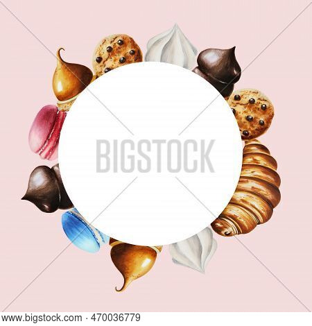 Watercolor Frame With Macaroons, Biscuits, Marshmallows In Chocolate, Meringue, Eclair, Croissant, C