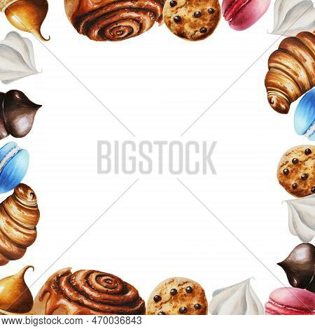Watercolor Frame With Macaroons, Biscuits, Marshmallows In Chocolate, Meringue, Eclair, Cinnamon Bun