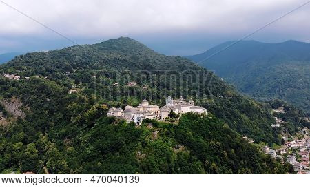 Biella, Italy - July 7, 2018: Aero View Of Beautiful Shrine, Ancient Temple Complex, Big Castle, San
