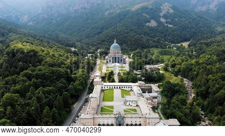 Oropa, Biella, Italy - July 7, 2018: Aero View Of Beautiful Shrine Of Oropa, Facade With Dome Of The