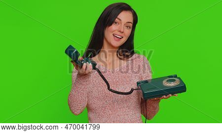 Hey You, Call Me Back. Young Woman In Sweater Talking On Wired Vintage Old-fashioned Retro Telephone