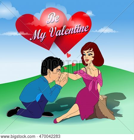 Valentine's Day Card With Couple In Love, Vector Illustration - Be My Valentine - I Love You - Valen