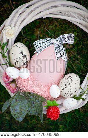 Easter Wreath Of Vines And Colored Eggs Background. Festive Decor. Spring Holiday Decoration. Decora