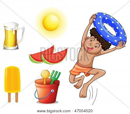 Ilustracja chłopca z różnych rzeczy na lato na białym tle