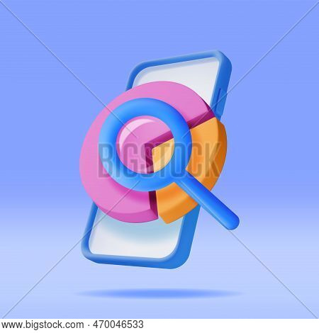 3d Pie Diagram With Magnifying Glass In Phone. Render Stock Pie Shows Growth Or Success. Financial D