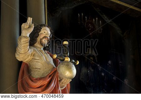 Ancient Sculpture Of Jesus From 1670 With The Globe In His Hand, Egeskov, Denmark, September 19, 202