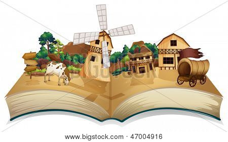 Abbildung eines Buches mit einem Bild eines Dorfes und hölzernen Arrowboards auf weißem Hintergrund