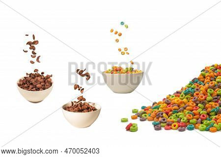 Chocolate Corn Flakes Falling To The White Bowl Isolated On White. Motion. Copyspace.