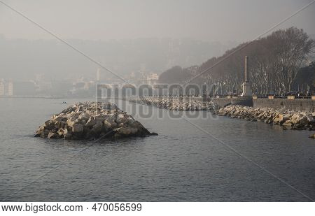 The Sea View With Fog In The Seafront Of Naples, Italy