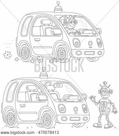 Funny Toy Robot Driving A Cute Small Electric Car, Black And White Vector Cartoon Illustrations Isol