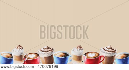 Watercolor Bordure With Coffee In Porcelain And Glass Cups. Hand Painting Espresso, Americano, Latte