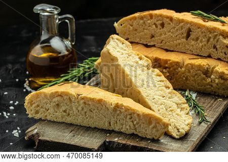 Hot Italian Bread Traditional Pieces Of Focaccia. Traditional Italian Focaccia With Rosemary. Food R