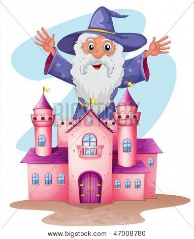 Ilustração de um castelo cor de rosa com um assistente na parte traseira em um fundo branco