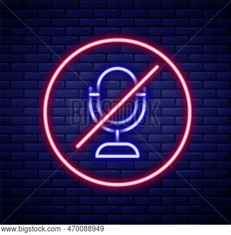 Glowing Neon Line Mute Microphone Icon Isolated On Brick Wall Background. Microphone Audio Muted. Co