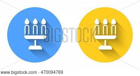 White Candelabrum With Three Candlesticks Icon Isolated With Long Shadow Background. Circle Button. 