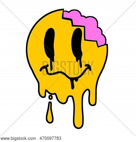 Acid Smile Face With Brain. Melted Rave And Techno Symbol Of 90s. Trendy Psychedelic Print