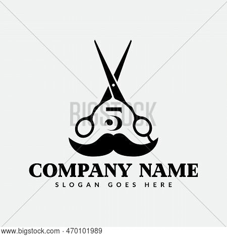 Salon And Hair Cutting Logo On Letter 5 Sign. Barber Shop Icon With Logotype Concept