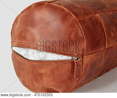 Copper-colored Leather Bolster Pillow With Zipper And Holofiber Filling