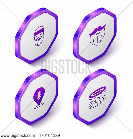 Set Isometric Lumberjack, Mustache And Beard, Location Of The Forest And Wooden Logs Icon. Purple He