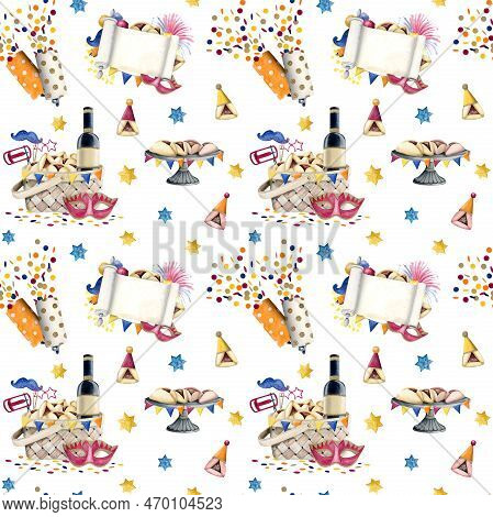 Purim Watercolor Festive Pattern With Holiday Symbols. Jewish Seamless Background. Masks, Raashan, M