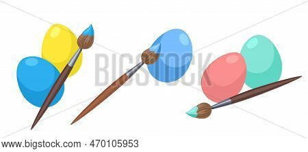 Easter Eggs And A Brush. Easter Eggs Coloring, Holiday Preparation Vector Illustration. Isolated On 