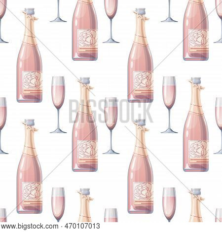 Seamless Pattern With Champagne Bottle And Glass. Rose Sparkling Wine. Texture With Alcoholic Drink.