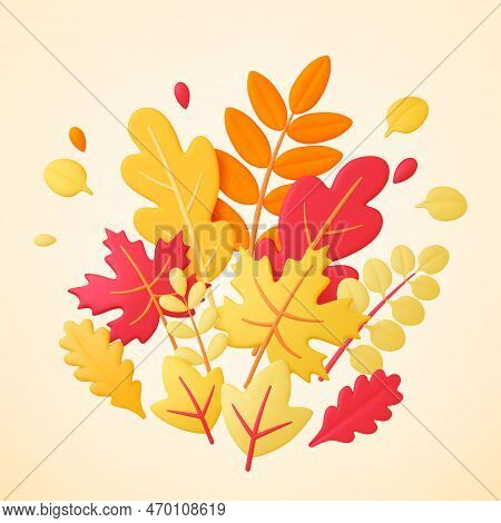 Autumn 3d Leaves, Leaf Yellow Bunch. Fall Season Isolated Plants, Maple And Oak Tree 3d Foliage. Nat
