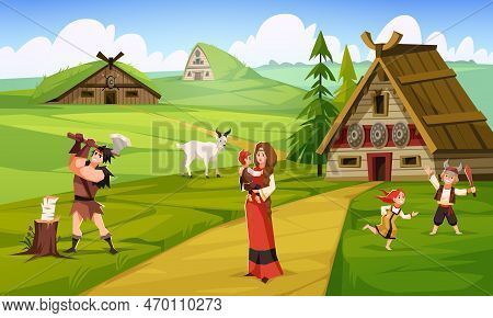 Vikings Life. Peaceful Cute Inhabitants Of Ancient Scandinavian Village, Woman With Children, Man Ch