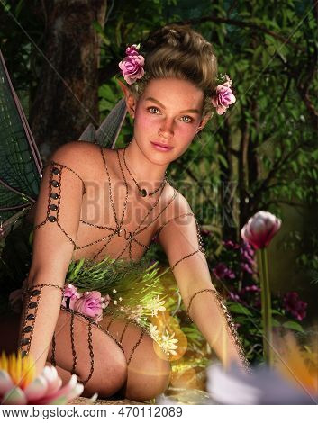 3d Computer Graphics Of A Fairy Kneeling At A Water Lily Pond (not Ai Generated)