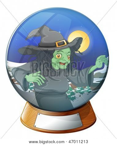 Illustration d'une sorcière à l'intérieur de la boule de cristal sur fond blanc