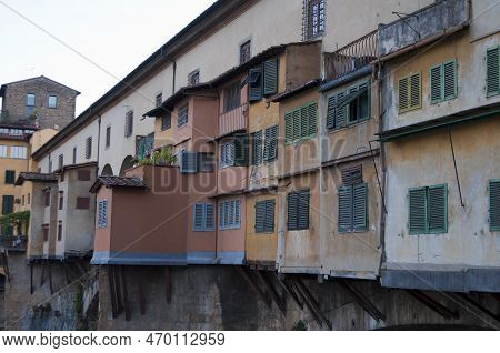Close Up Of The Multicolored Houses In Ponte Vechio, Old Bridge In Florence Over Arno River. Italy