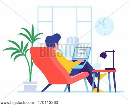 Copywriter Composes Text. Editor Typewriting Article. Freelancer Working At Laptop. Remote Job. Copy