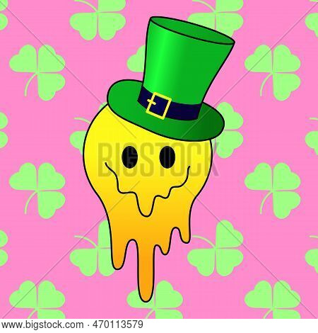 Melting Or Dripping Smile With A Leprechaun Green Hat. Bright Smiling Emoticon For St Patrick's Day 